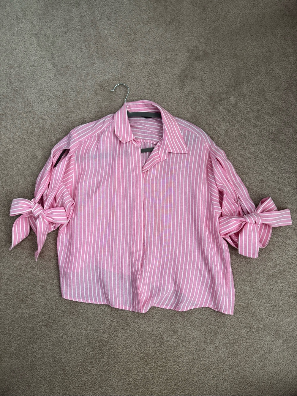 Zara Linen Blend Striped Pink Tie-Sleeve Button-Front Top
